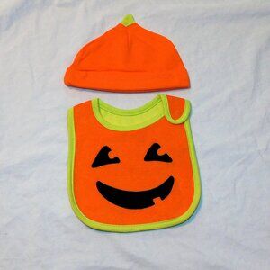 Baby First Halloween Bib & Hat 2pc Set Unisex Jack O Lantern Pumpkin Costume NEW